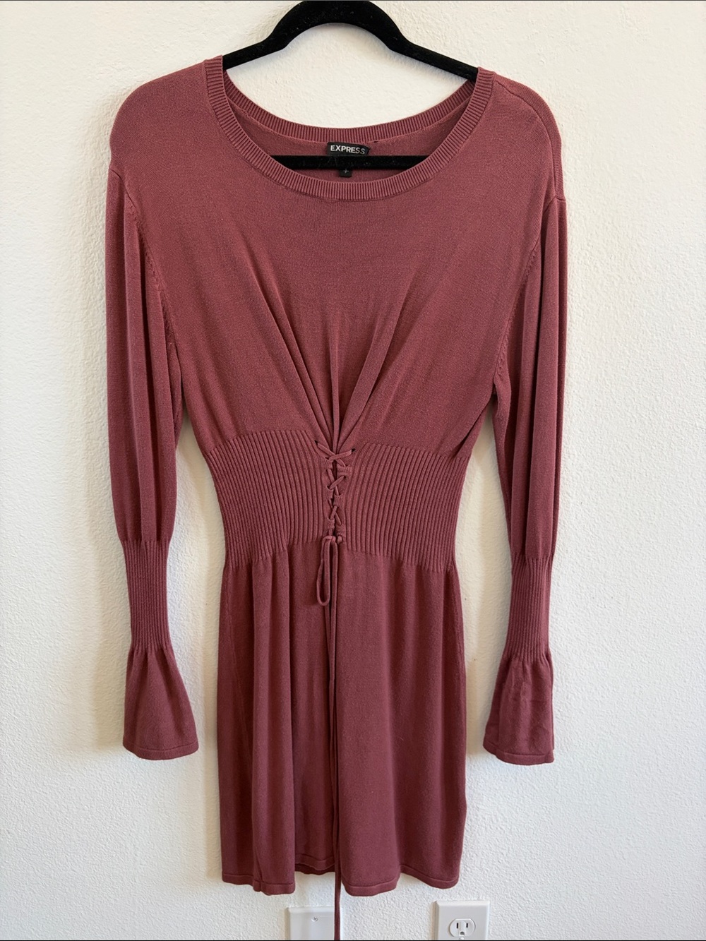 Express Long-Sleeve Lace-Up Waist Knit Dress in Mauve